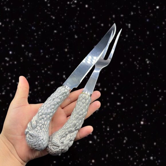 1980s Stainless Metal Handle Knife And Meat Fork Set 2 Vintage Bird 11”L 13”Long - Picture 2 of 16